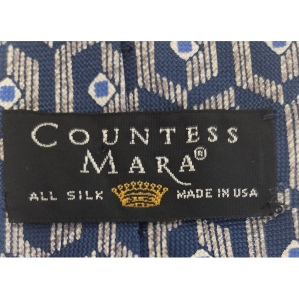 Countess Mara Necktie Blue/Gray/Ivory Geometric 100% Silk Tile Elongated Hex - Picture 11 of 12